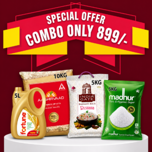 Special Combo Deal Fortune Sunlite Sunflower 5 Litre Oil Can + 10 Kg Aashirwad Wheat + India Gate Rozana Rice 5 Kg + Madhur Refined Sugar 5 Kg